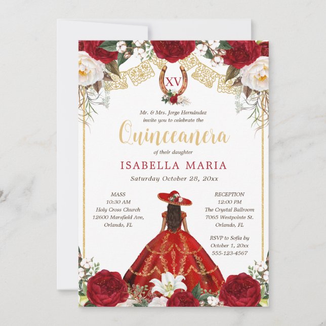 Invitación Charra roja y dorada con foto mexicana quinceañera (Anverso)