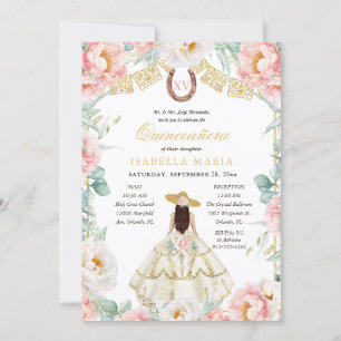 Invitación Charra rosada y dorada con foto mexicana quinceañe