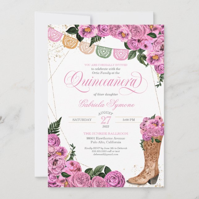 Invitación Charra Rubor Roses Rosa Nova Boots Quinceañera (Anverso)