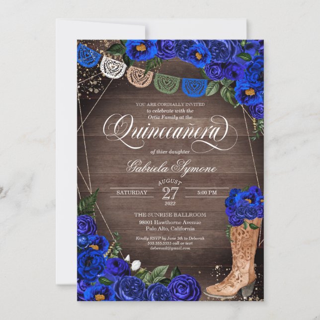 Invitación Charra Rustic Cowgirl Boots Rosas azules Quinceañe (Anverso)