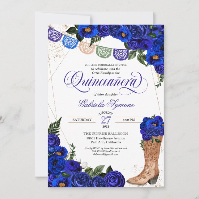 Invitación Charra Rustic Cowgirl Boots Rosas azules Quinceañe (Anverso)