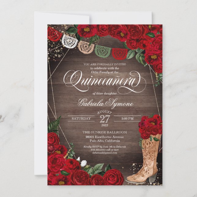 Invitación Charra Rustic Cowgirl Boots Roses Rojos Quinceañer (Anverso)