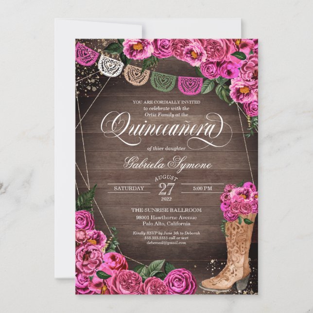 Invitación Charra Rustic Cowgirl Rosa Rosa Quinceañera (Anverso)