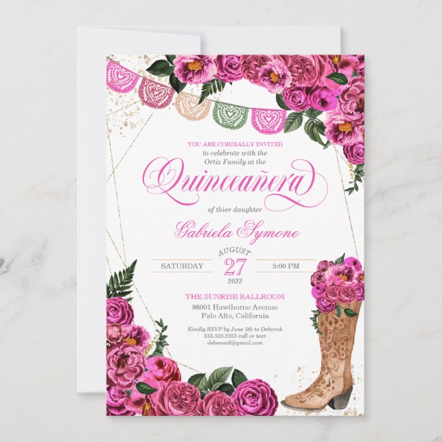 Invitación Charra Rustic Cowgirl Rosa Rosa Quinceañera Invita (Anverso)