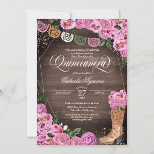 Invitación Charra Rustic Roses Cowgirl Boots Quinceañera