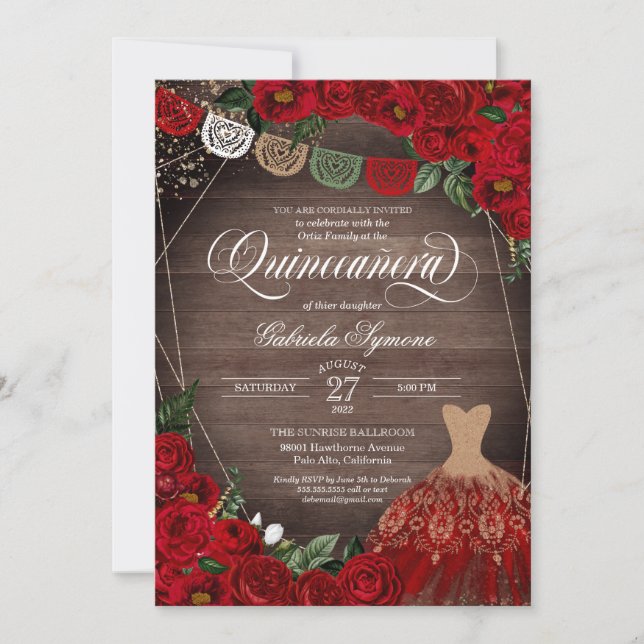 Invitación Charra Rústica Roses Roses Purpurina Vestido Quinc (Anverso)