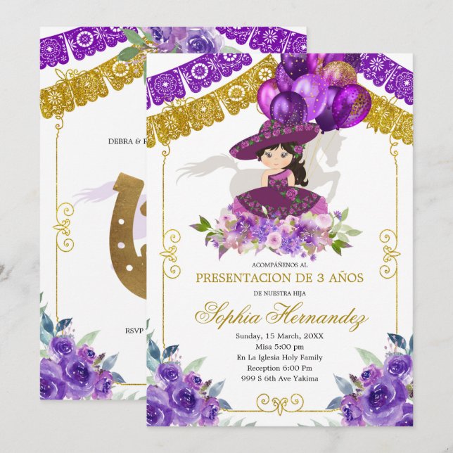 Invitación Charra Tres Anos, Chica mexicana de morado y oro  (Anverso / Reverso)