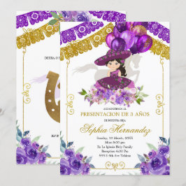 Invitación Charra Tres Anos, Chica mexicana de morado y oro