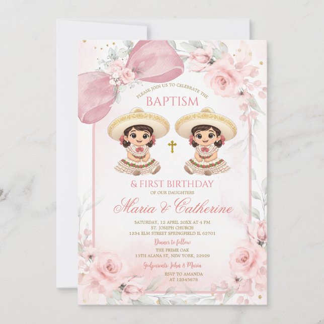 Invitación Charra Twin Girl Pink Floral Baptism 1st Birthday (Anverso)