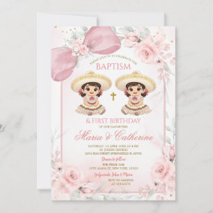 Invitación Charra Twin Girl Rosa Floral Bautizo Cumpleaños 1