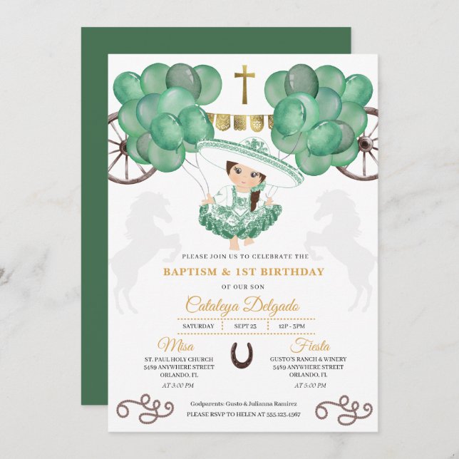 Invitación Charra, un bebé de oro y verde esmeralda, bautismo (Anverso / Reverso)