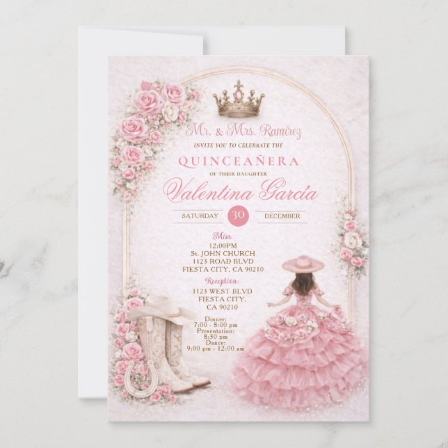 Invitación Charra Western Quince Blush Pink Quinceañera (Anverso)