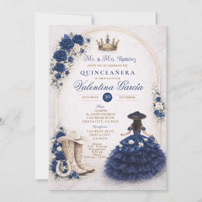Invitación Charra Western Quince Navy Blue Quinceañera (Anverso)