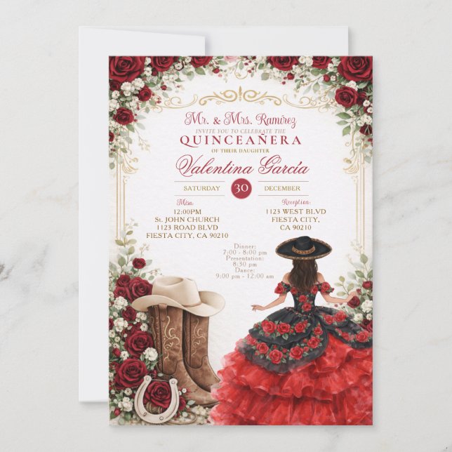 Invitación Charra Western Quince Red Rose Quinceañera (Anverso)