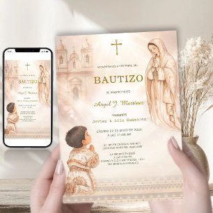Invitación Charro Bautizo Niño Virgen Guadalupe Iglesia Beige