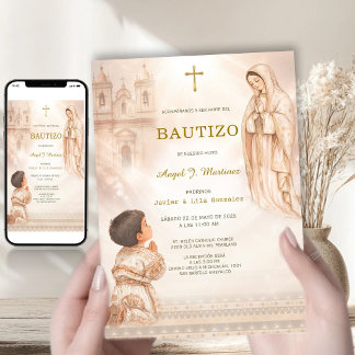 Invitación Charro Bautizo Niño Virgen Guadalupe Iglesia Beige