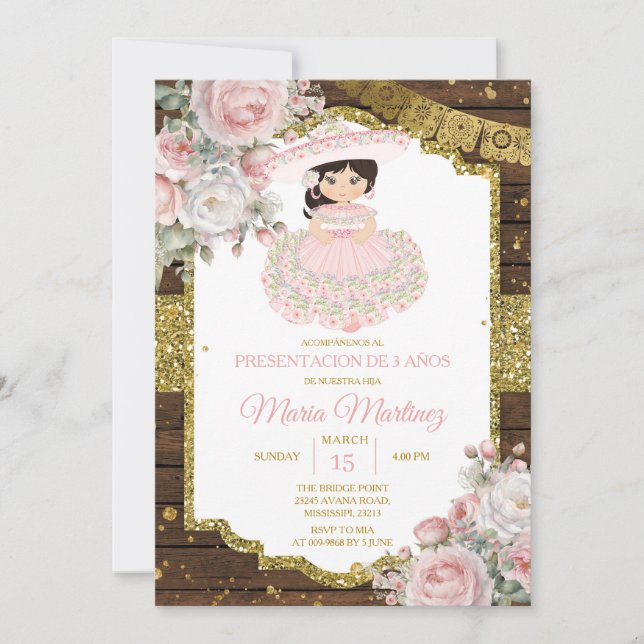 Invitación Charro blanco y rosa para tres años niña (Anverso)
