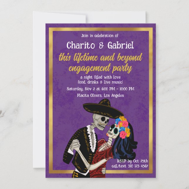 Invitación Charro Catrina Sugar Skull Dance Purple Engagement (Anverso)