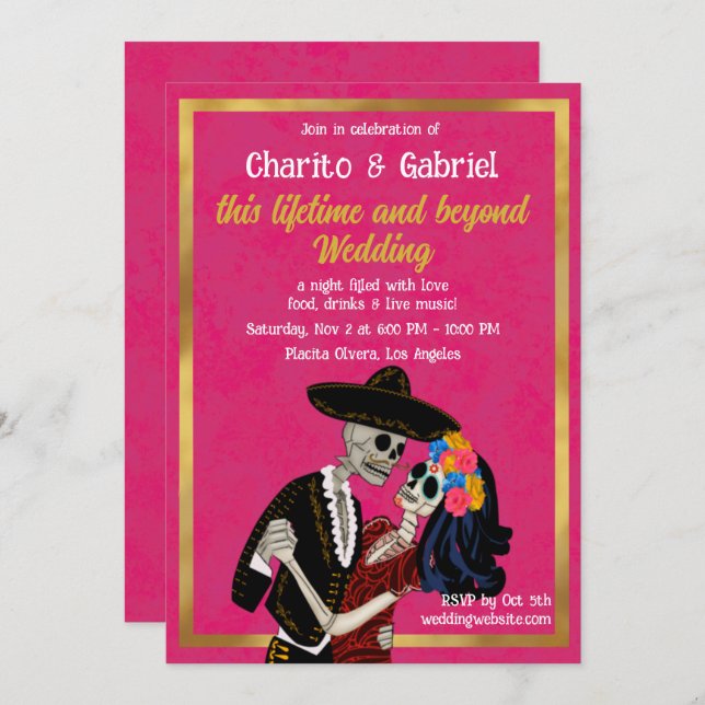 Invitación Charro Catrina Sugar Skulls Baila Boda Rosa (Anverso / Reverso)