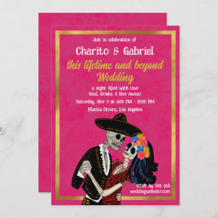 Invitación Charro Catrina Sugar Skulls Baila Boda Rosa