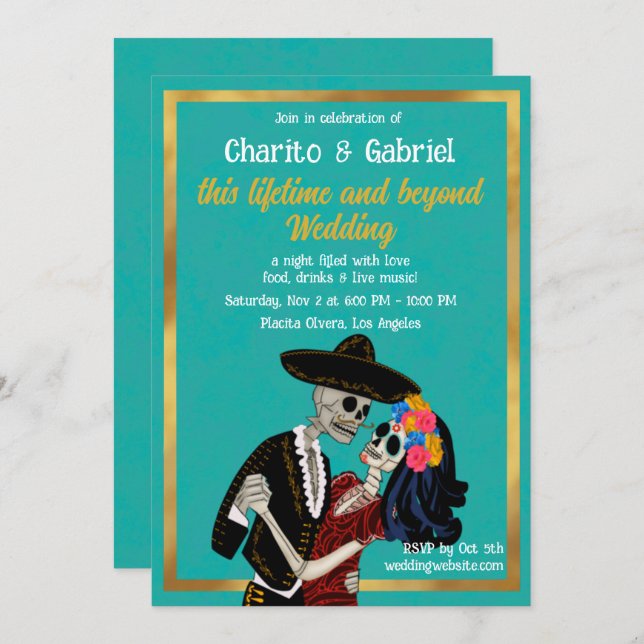 Invitación Charro Catrina Sugar Skulls bailando Boda Verde az (Anverso / Reverso)