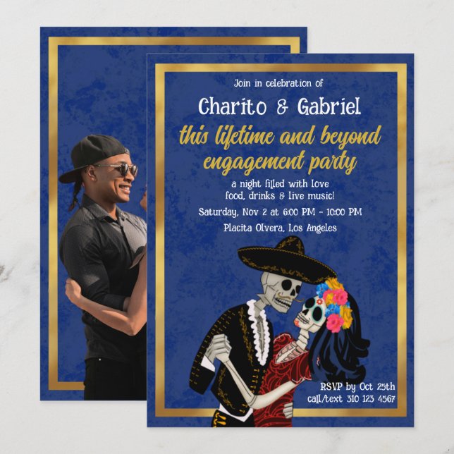 Invitación Charro Catrina Sugar Skulls Dance Blue Engagement (Anverso / Reverso)