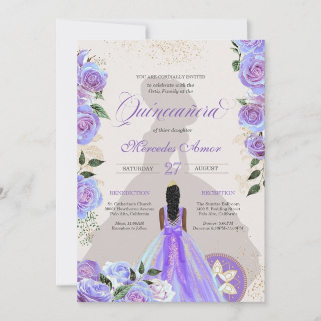 Invitación Charro de flante azul púrpura irlandés Quinceanera (Anverso)