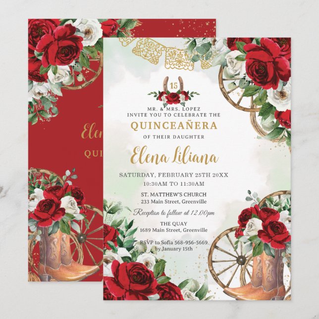 Invitación Charro Floral Blanco Rojo Boots Sweet 16 Quinceañe (Anverso / Reverso)