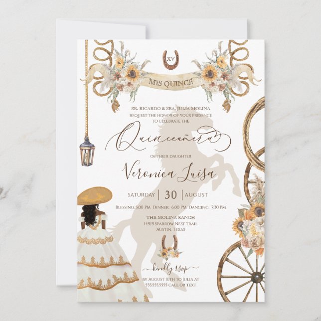 Invitación Charro Floral Boho Rustic Country Quinceanera v2 (Anverso)