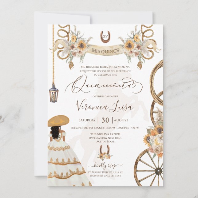 Invitación Charro Floral Boho Rústico País Quinceanera (Anverso)