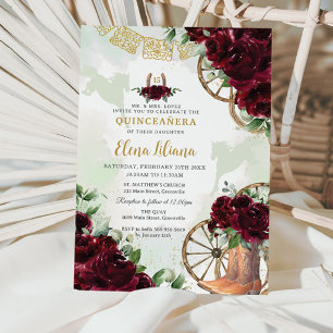 Invitación Charro floral borgoñona dulce 16 Quinceañera