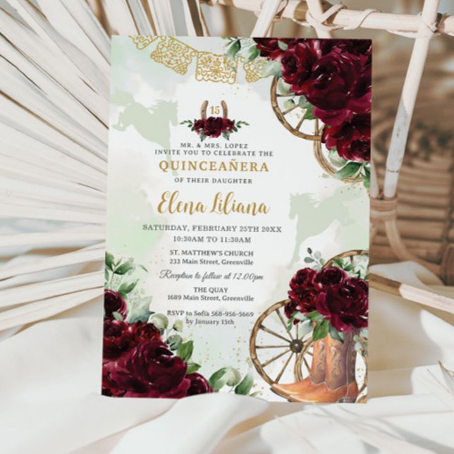 Invitación Charro floral borgoñona dulce 16 Quinceañera (Zazzle-burgundy-roses-floral-charro-cowboy-boots-horses-western-horseshoe-quinceanera-invitation)