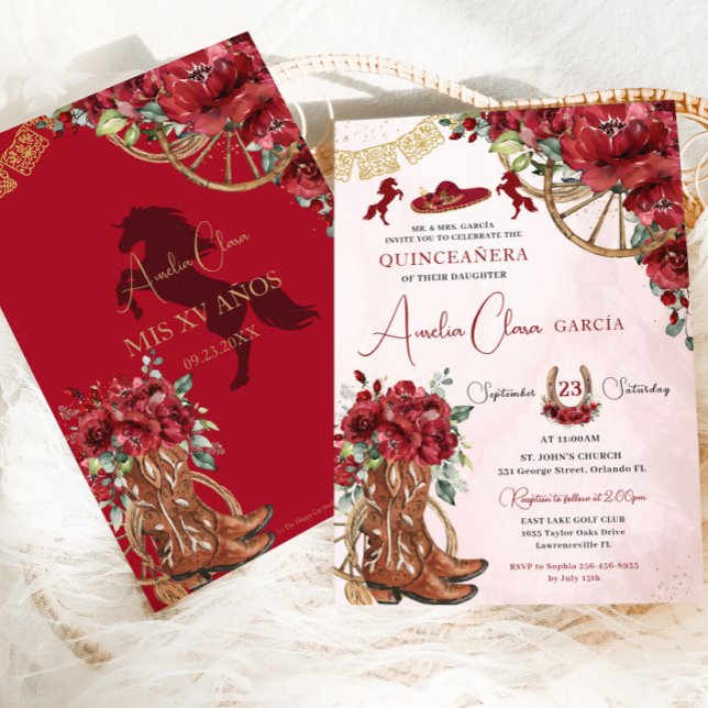 Invitación Charro Floral Rojo Horseshoe Boots Quinceañera (Subido por el creador)