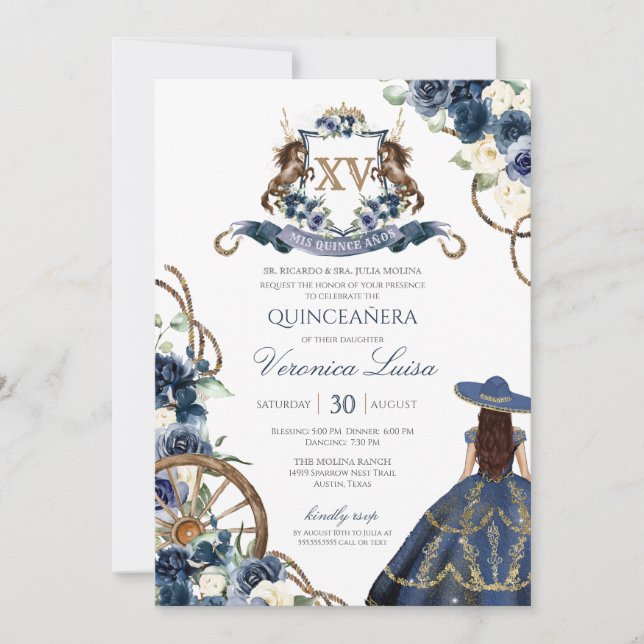 Invitación Charro Horse Escudo Real Marina Azul Quinceañera (Anverso)