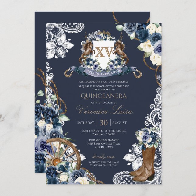 Invitación Charro Horse Escudo Real Marina Azul Quinceanera I (Anverso / Reverso)