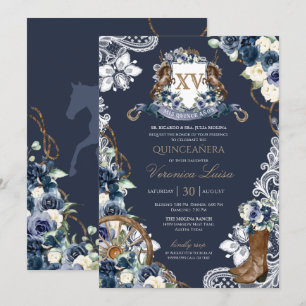 Invitación Charro Horse Escudo Real Marina Azul Quinceanera I
