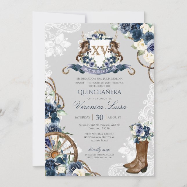 Invitación Charro Horse Escudo Real Marina Azul Quinceanera I (Anverso)