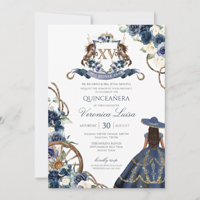 Invitación Charro Horse Escudo Real Marina Azul Quinceanera I (Anverso)