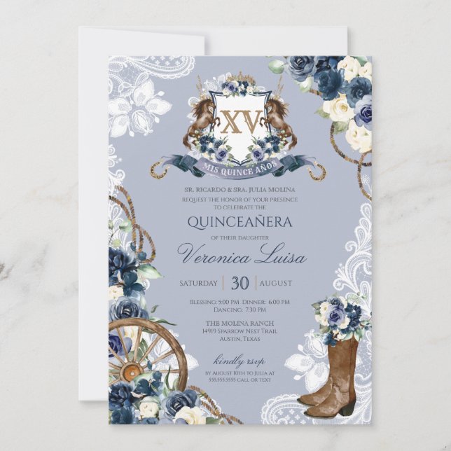 Invitación Charro Horse Escudo Real Marina Quinceanera Azul (Anverso)