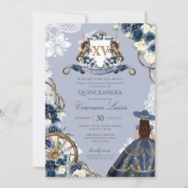 Invitación Charro Horse Escudo Real Marina Quinceanera Azul (Anverso)