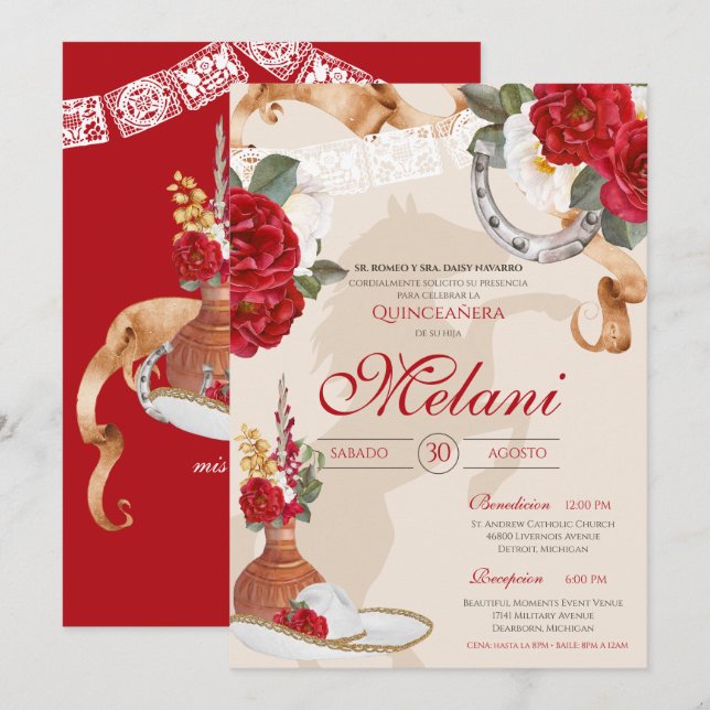 Invitación Charro Mariachi Quinceanera, Rosa elegante de colo (Anverso / Reverso)