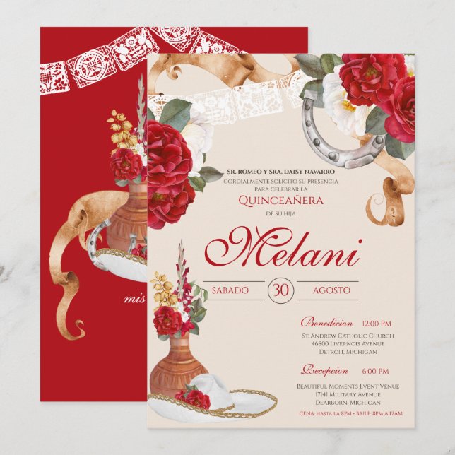 Invitación Charro Mariachi Quinceanera, Rosa elegante de colo (Anverso / Reverso)