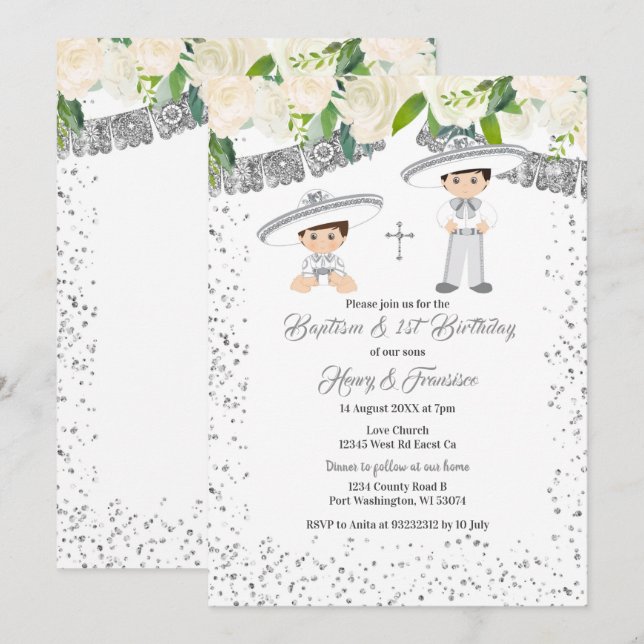 Invitación Charro mexicano de plata bota bautismo y cumpleaño (Anverso / Reverso)