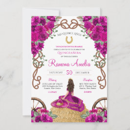 Invitación Charro occidental de floral rosa magenta Quinceane