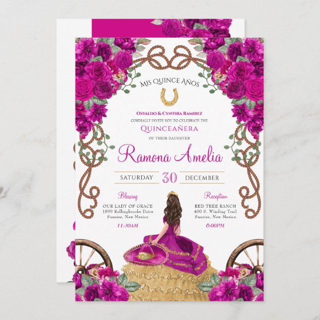 Invitación Charro occidental de floral rosa magenta Quinceane (Anverso / Reverso)