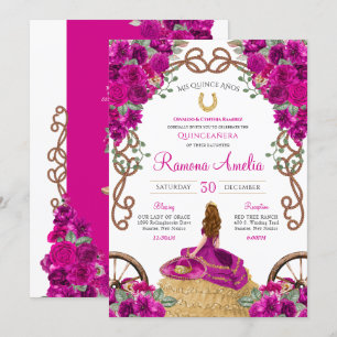 Invitación Charro occidental quinceanera floral de magenta ro