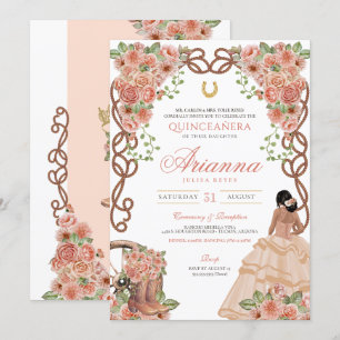 Invitación Charro occidental rosado de oro Rosa Quinceañera