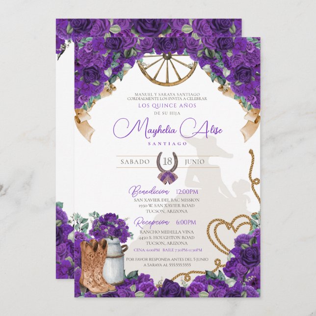 Invitación Charro occidental rubio violeta morado quinceañera (Anverso / Reverso)