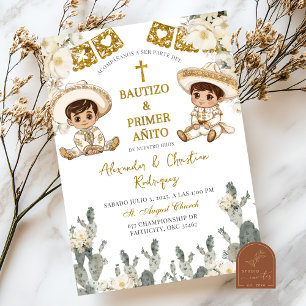 Invitación Charro Oro Blanco Gemelos Bautizo y Primer Cumplea
