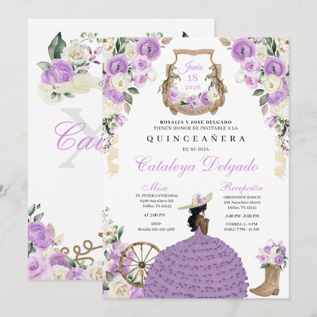 Invitación Charro Princess Lilac Western Quinceañera (Anverso / Reverso)